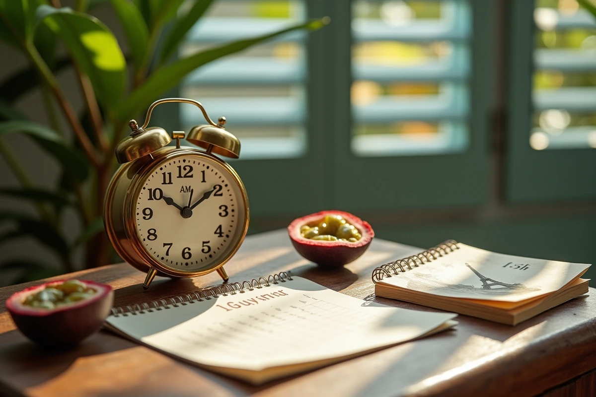 Horloge de voyage, calendrier d'été et carte postale de Paris sur une table en bois illustrant le décalage horaire de cinq heures entre la France et la Guyane