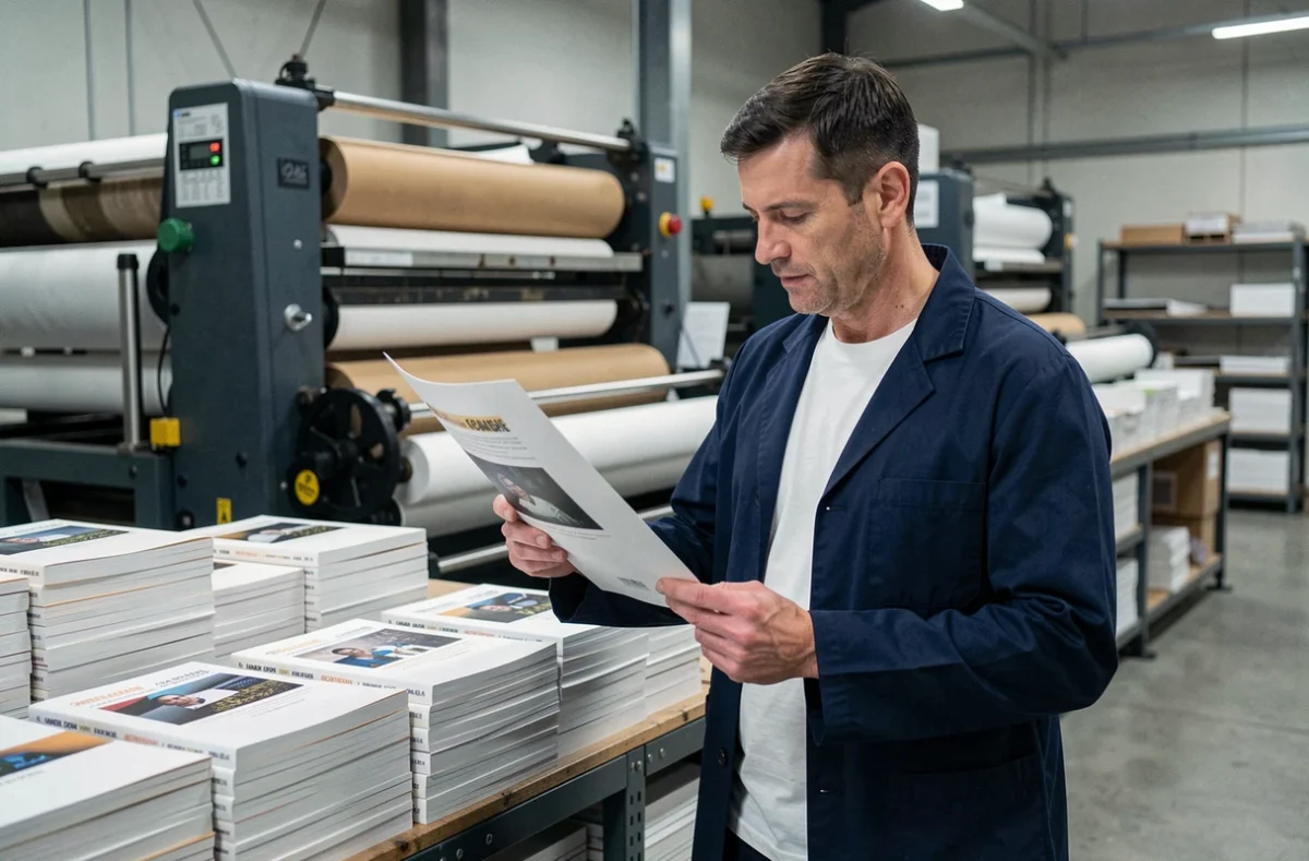 Imprimeur examinant des feuilles imprimées dans un atelier d'impression commerciale