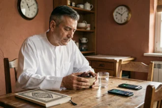 Homme en djellaba blanche préparant le repas de l'imsak avant l'aube du Ramadan avec des dattes et un verre d'eau