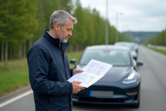 Ingénieur automobile homme en veste bleue près d'une voiture électrique