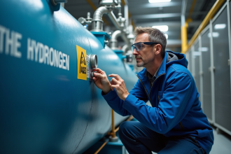 Ingénieur homme inspectant un réservoir d'hydrogène en milieu industriel