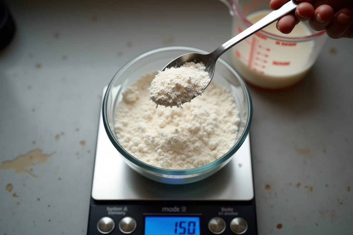 Ingrédients de pâtisserie pesés avec cuillère et balance