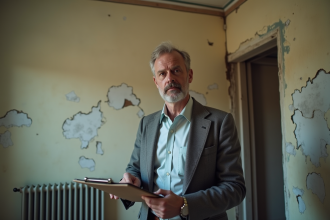 Homme d'âge moyen inspectant la peinture écaillée dans un appartement ancien