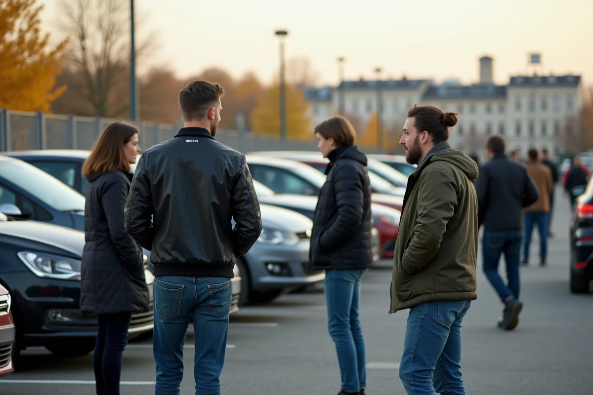 Groupe de personnes inspectant des voitures sur un marché en plein air