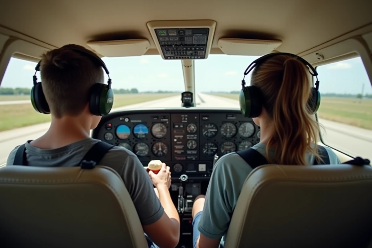 Vue intérieure du cockpit d'un Cessna 172 depuis les sièges arrière, passagère tenant les commandes et famille en voyage portant des casques d'aviation