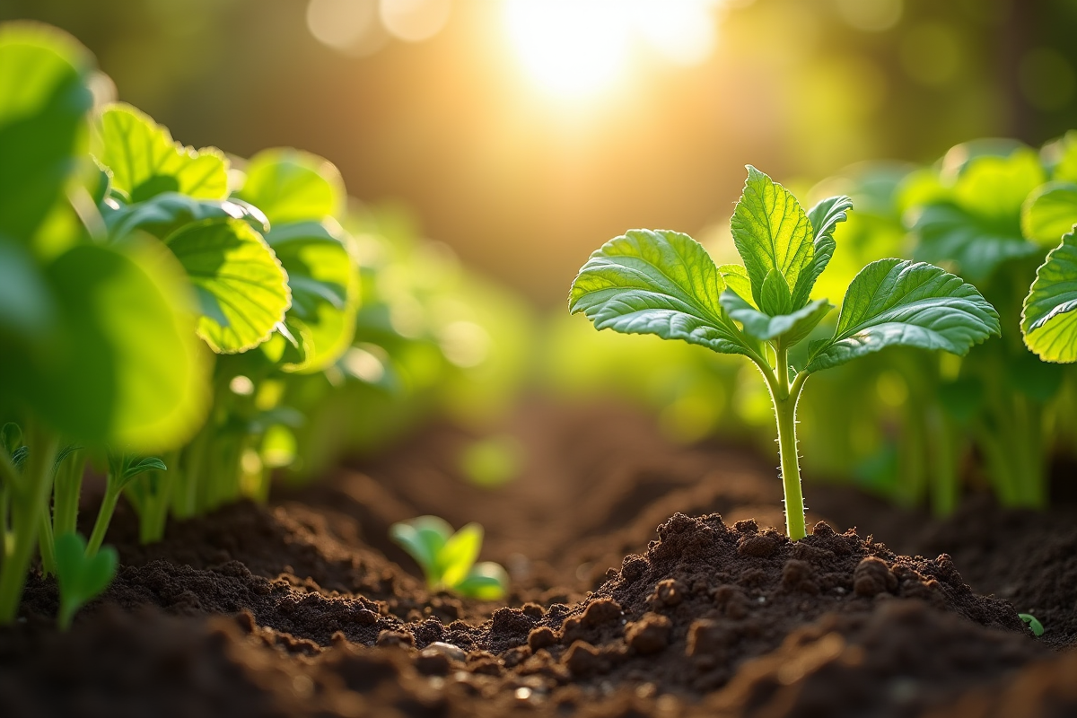 Jardin de légumes ensoleillé avec plantes saines et sol propre