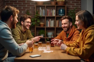 Groupe de jeunes adultes jouant à un jeu de cartes alcool autour d'une table en bois avec des verres à shot