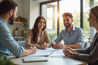 Jeune couple souriant avec conseiller immobilier dans une maison lumineuse