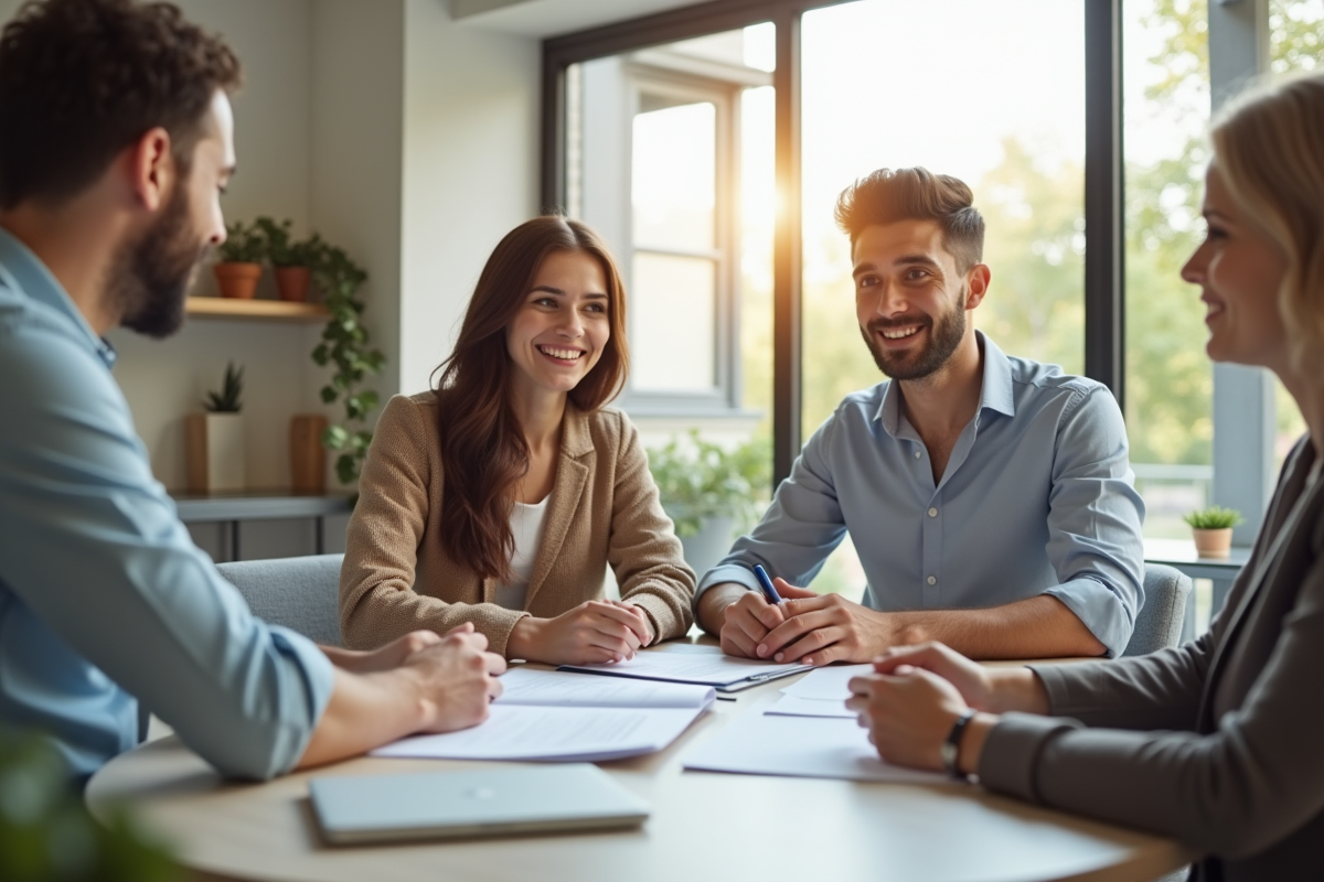 Jeune couple souriant avec conseiller immobilier dans une maison lumineuse