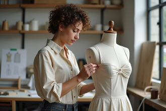 Jeune créatrice de mode en studio avec tissu et croquis