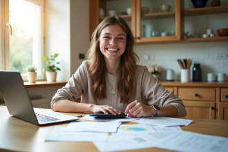Jeune diplômée souriante à la cuisine avec documents et calculatrice