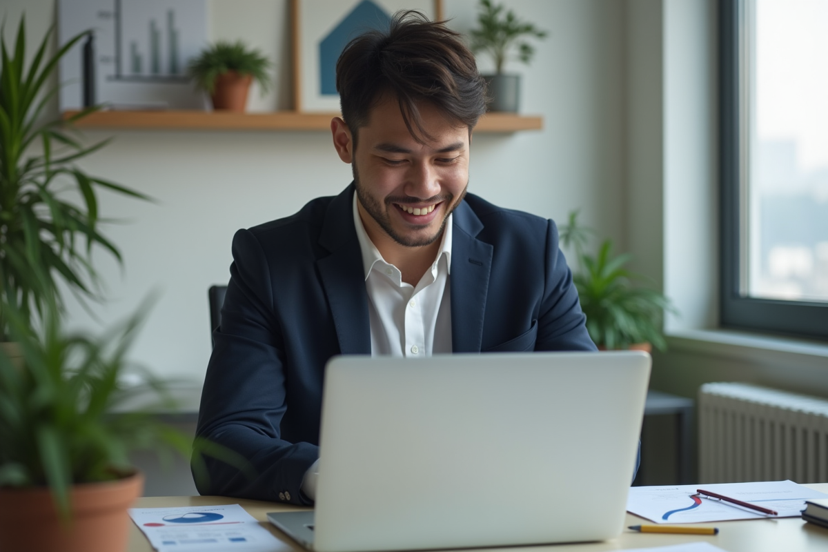 Jeune entrepreneur regardant ses graphiques financiers sur son ordinateur