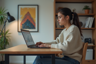 Jeune femme au bureau utilisant un ordinateur portable