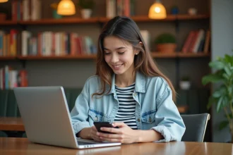 Jeune femme lisant un webcomic dans un café cosy