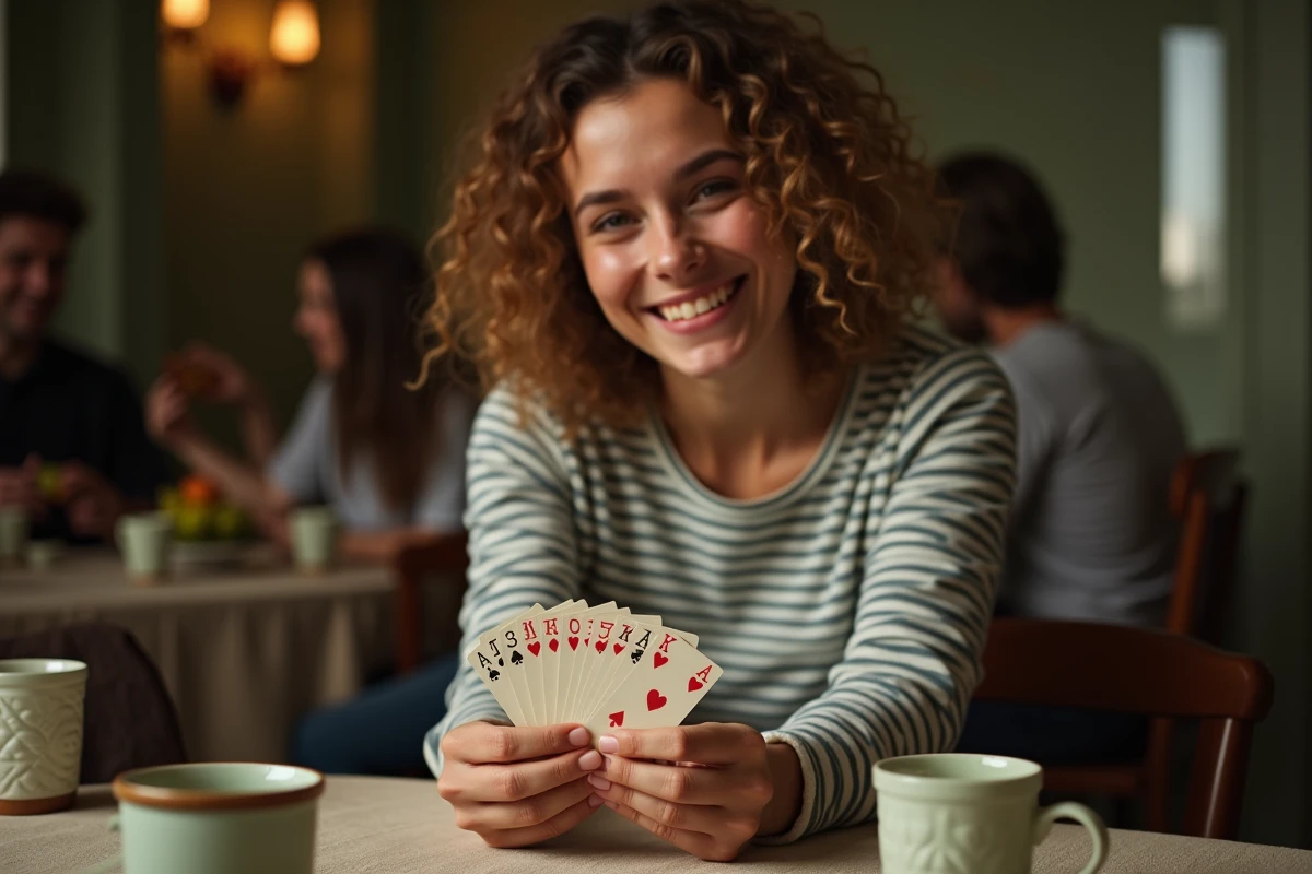 Jeune femme tenant un éventail de cartes en cercle lors d'une soirée jeu alcool entre amis