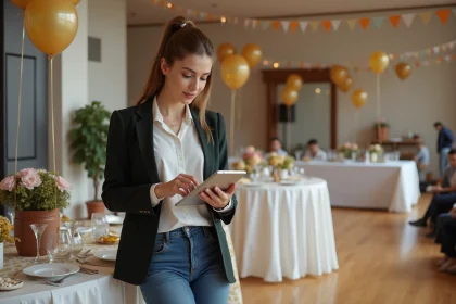 Jeune femme vérifiant une checklist sur tablette lors d'un événement