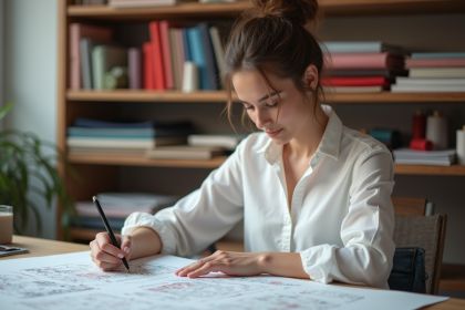 Jeune femme dessinant des motifs textiles dans un studio créatif