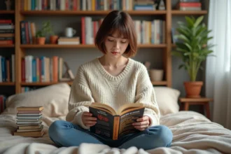 Jeune femme lisant un manga yaoi dans sa chambre cosy