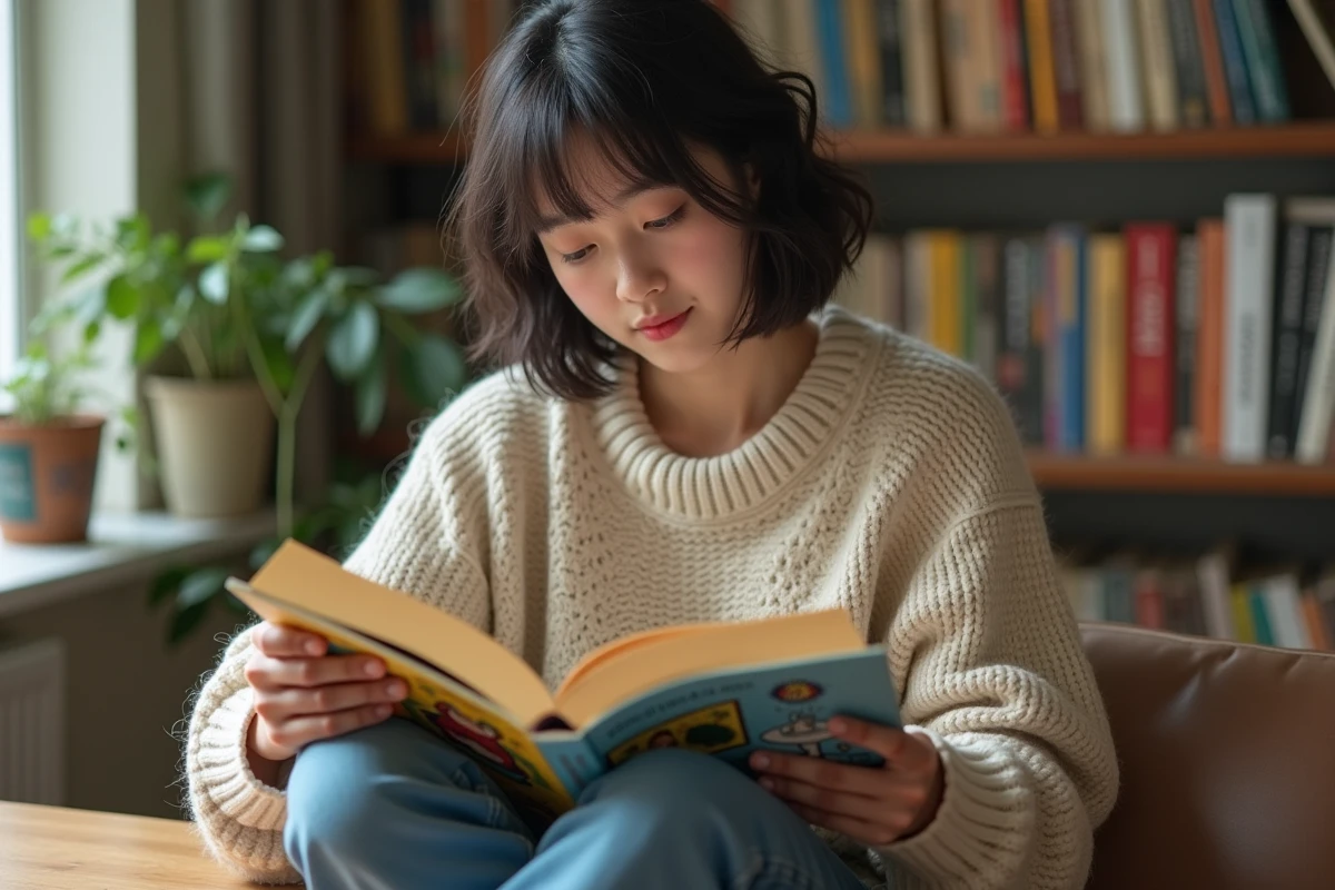 Jeune femme curieuse feuilletant un manhwa en français