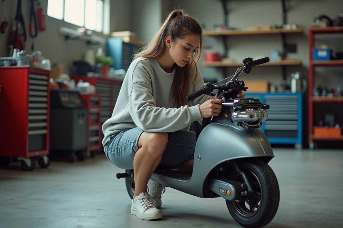 Jeune femme répare sa mobylette dans un garage lumineux