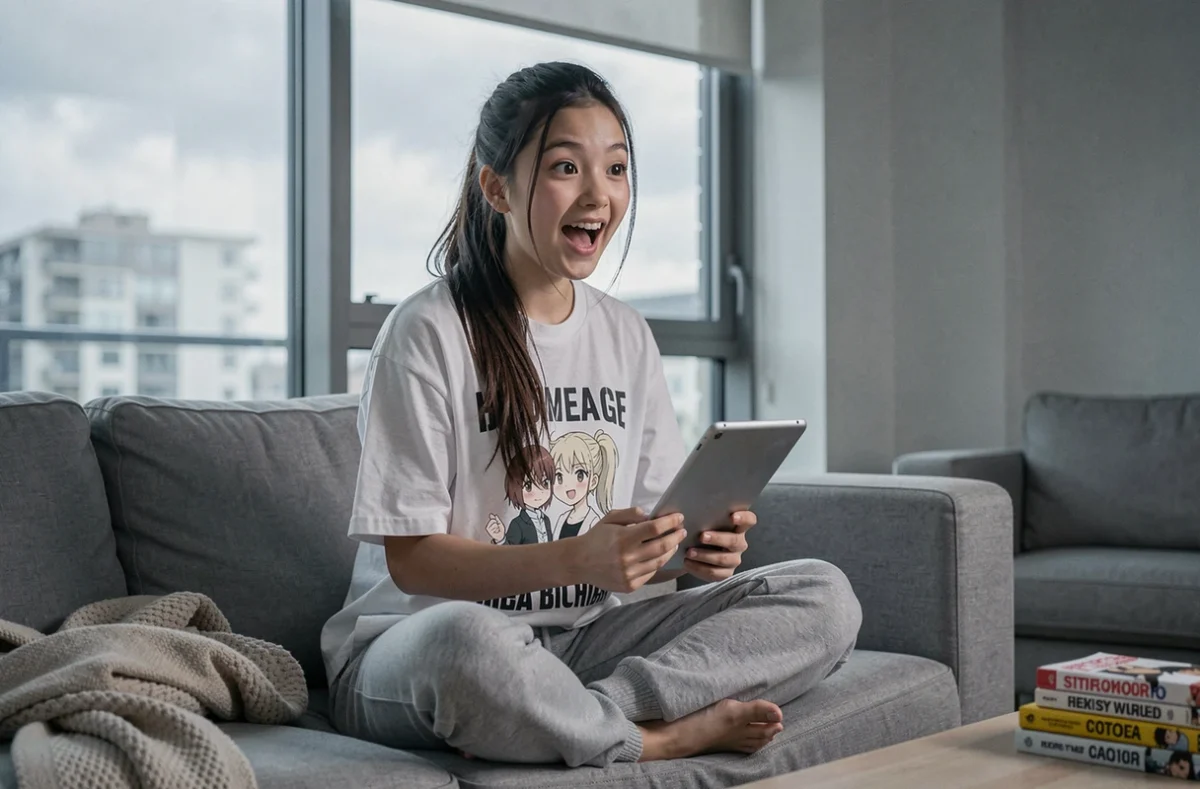 Jeune femme excitée lisant le nouveau scan One Piece sur une tablette dans un salon moderne