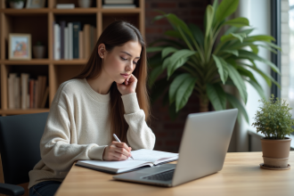 Jeune femme travaillant sur un test IQ à domicile
