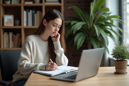 Jeune femme travaillant sur un test IQ à domicile