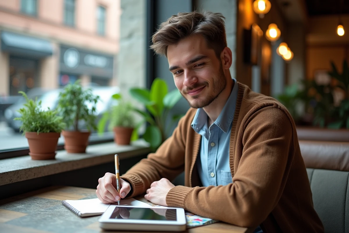 Jeune homme au café avec tablette et carnet