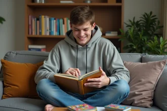 Jeune homme étudiant ses cartes Pokémon dans un salon cosy