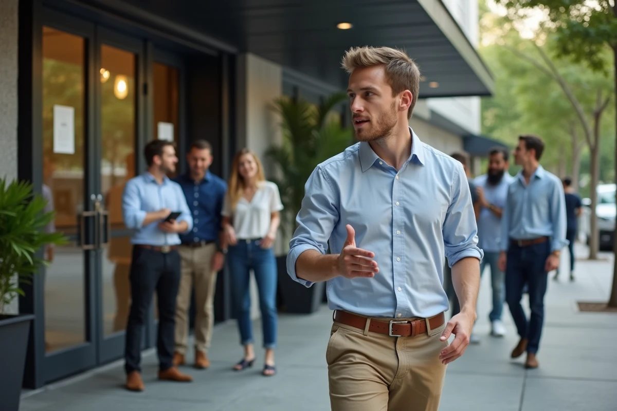 Jeune homme discutant avec une équipe à l
