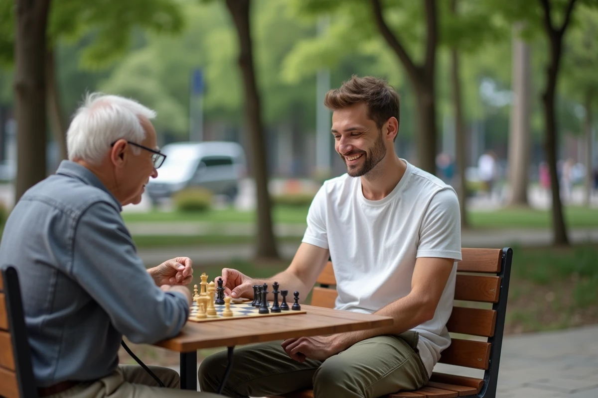 Jeune homme jouant aux échecs avec un ami dans un parc