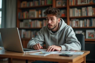 Jeune homme en hoodie regarde manga sur son laptop dans un bureau