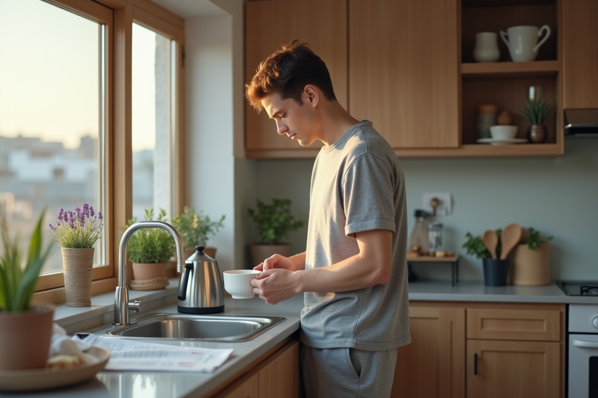 Jeune homme préparant une tisane dans la cuisine