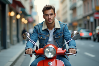 Jeune homme en denim sur scooter en ville