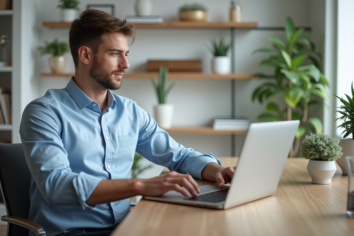 Jeune homme professionnel travaillant sur son ordinateur dans un bureau moderne