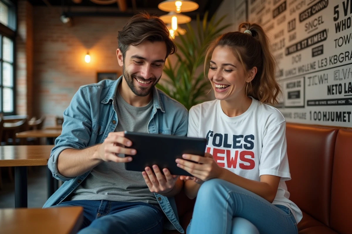 Deux jeunes riant en lisant des articles satiriques au café