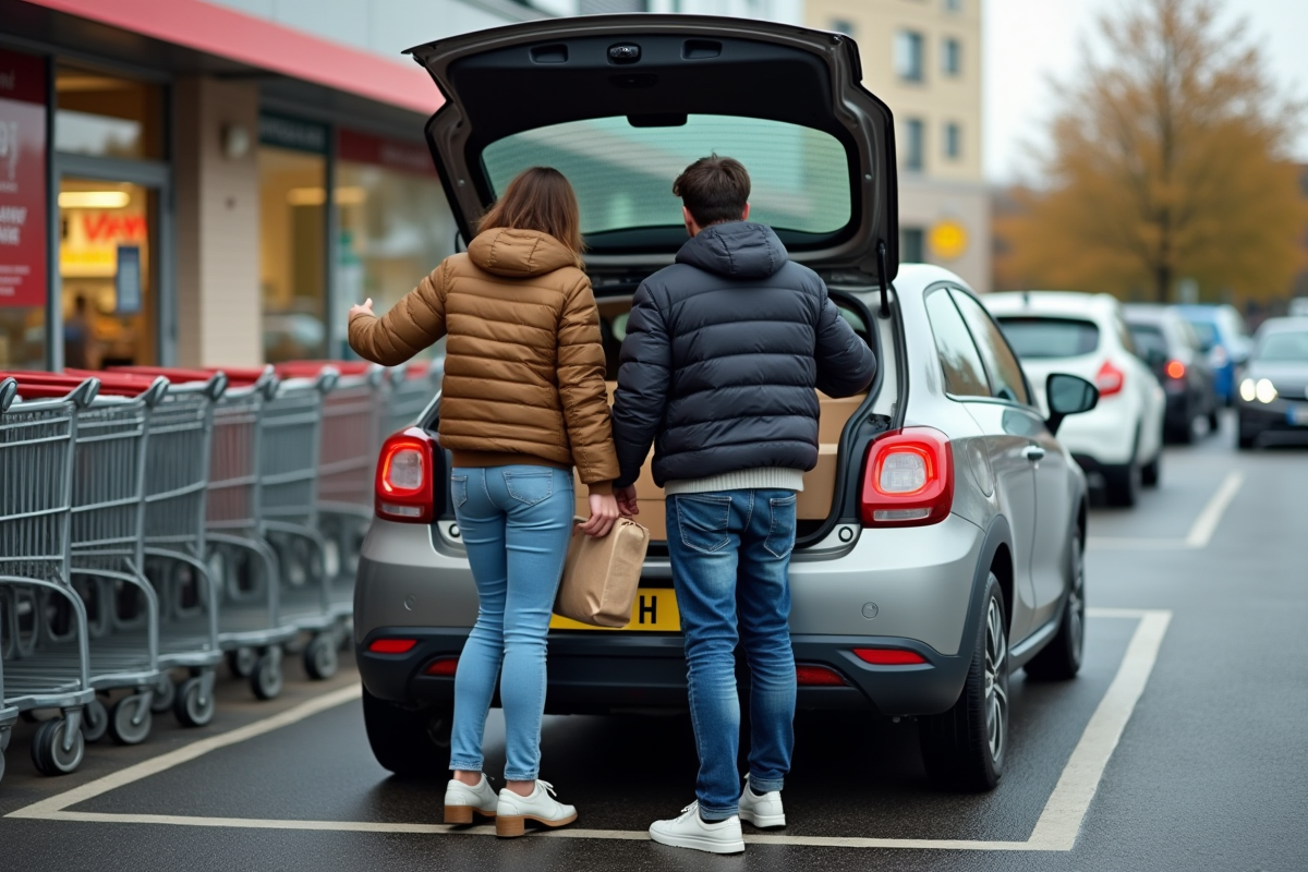 Jeune couple chargeant des courses dans une voiture en parking