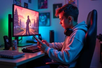 Adolescent assis à son bureau de jeu PC avec un casque autour du cou, regardant son téléphone plutôt que de jouer à Fortnite sur son grand écran