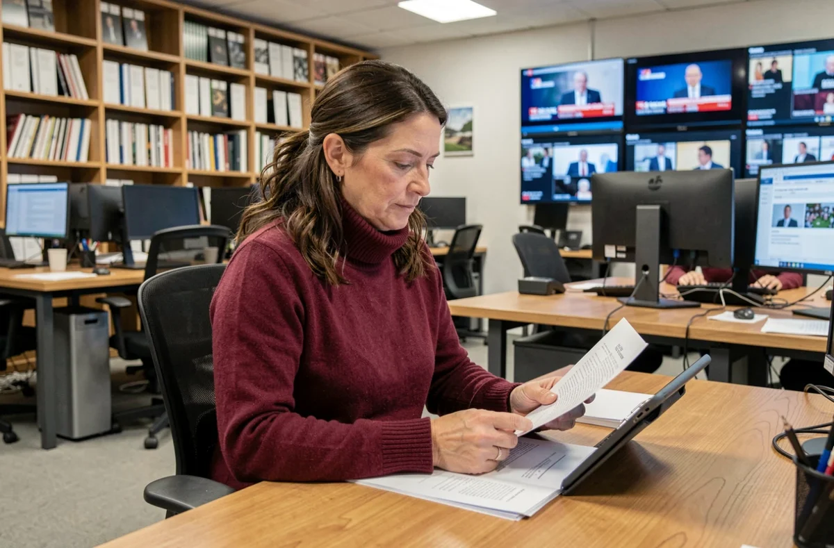 Journaliste radio en salle de rédaction moderne consultant ses notes avant une émission en direct