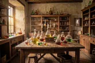 Laboratoire de chimie du XVIIIe siècle avec fioles de verre