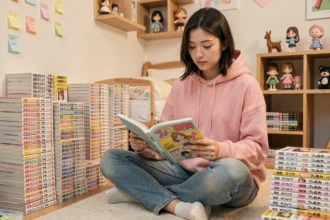 Jeune femme lisant un manga boys' love entourée de sa collection dans une chambre cosy décorée de figurines et de volumes manga empilés