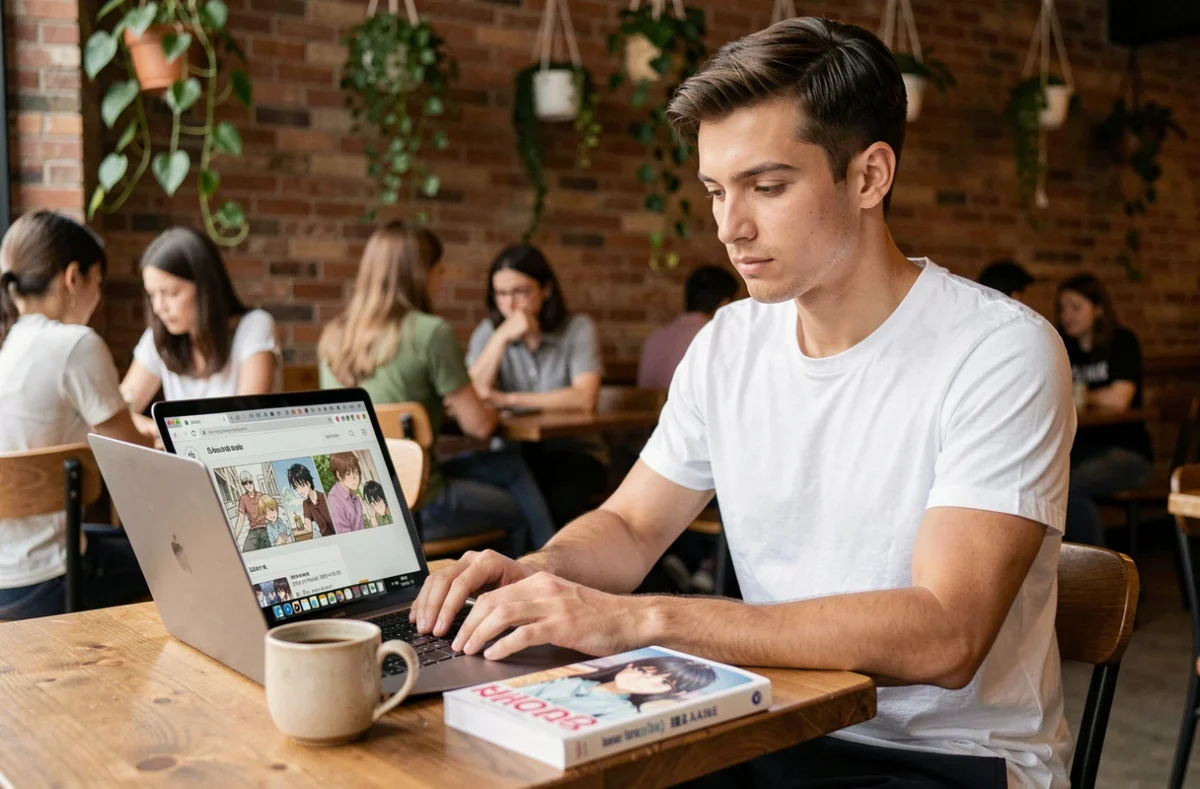 Jeune homme lisant des mangas boys' love en ligne sur un ordinateur portable dans un café urbain avec un volume manga posé à côté
