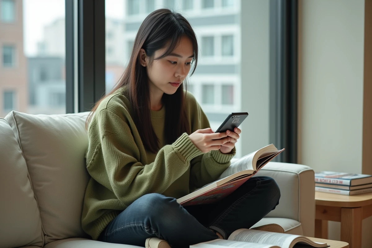Jeune femme évaluant une plateforme de lecture manga sur smartphone avec un tome physique de One Piece posé sur ses genoux