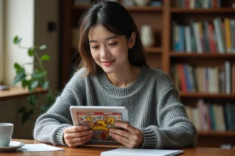 Jeune femme lisant des mangas sur une tablette dans un bureau à domicile bien décoré