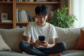 Jeune homme lisant One Punch Man sur smartphone dans un salon manga cosy