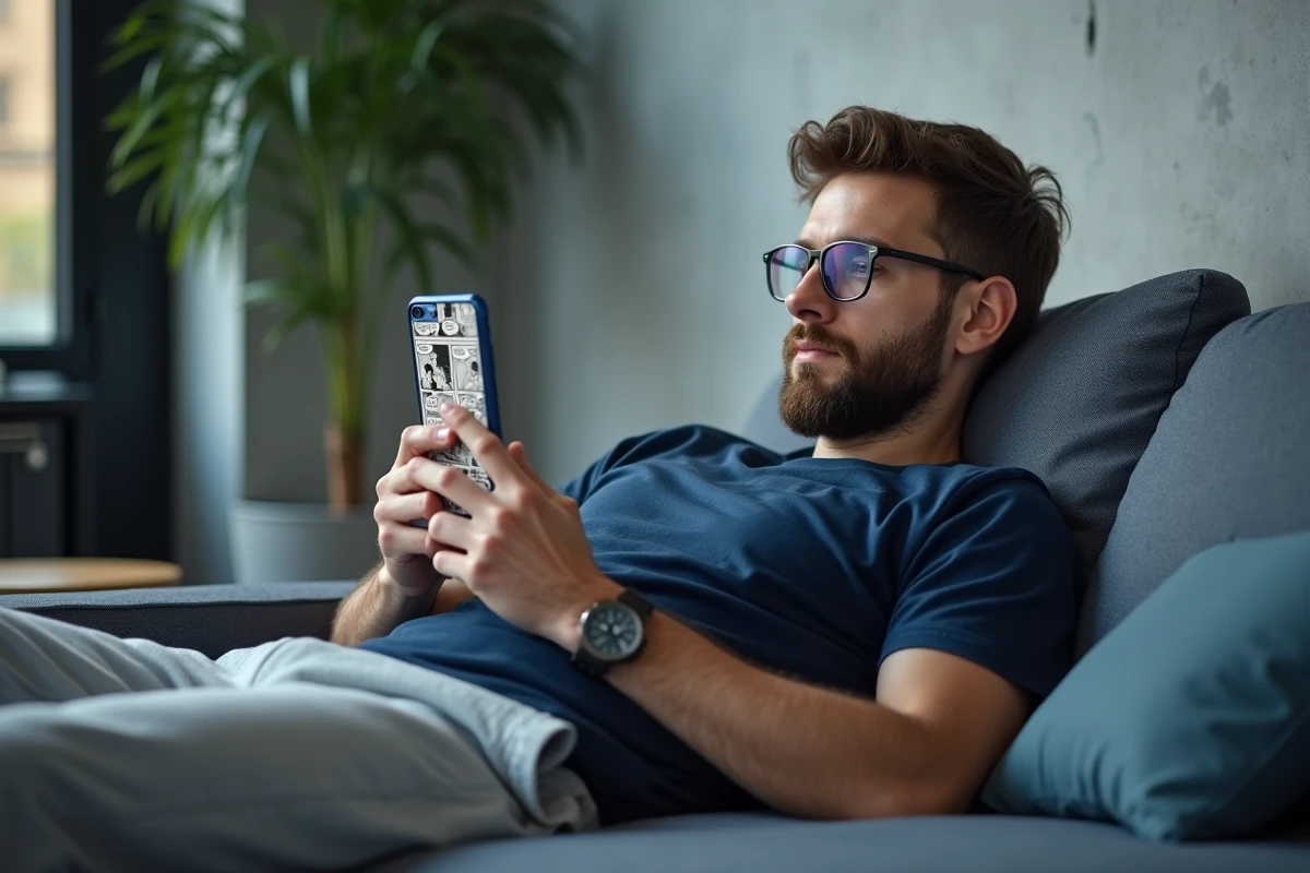 Homme lisant des scans de mangas sur smartphone allongé dans un appartement moderne