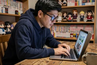 Jeune homme lisant le scan du chapitre One Piece 1138 sur son ordinateur portable dans une chambre décorée de mangas