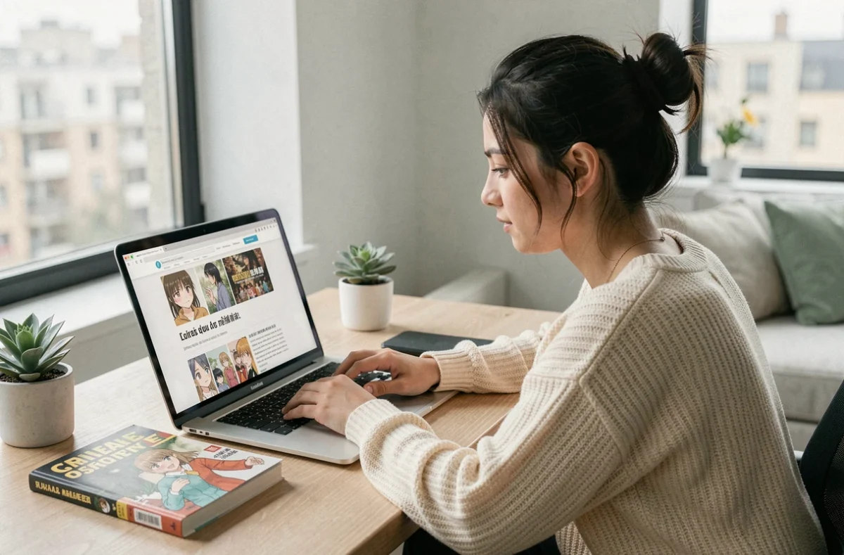 Jeune femme lisant les scans Demon Slayer en VF sur ordinateur dans un espace de travail moderne