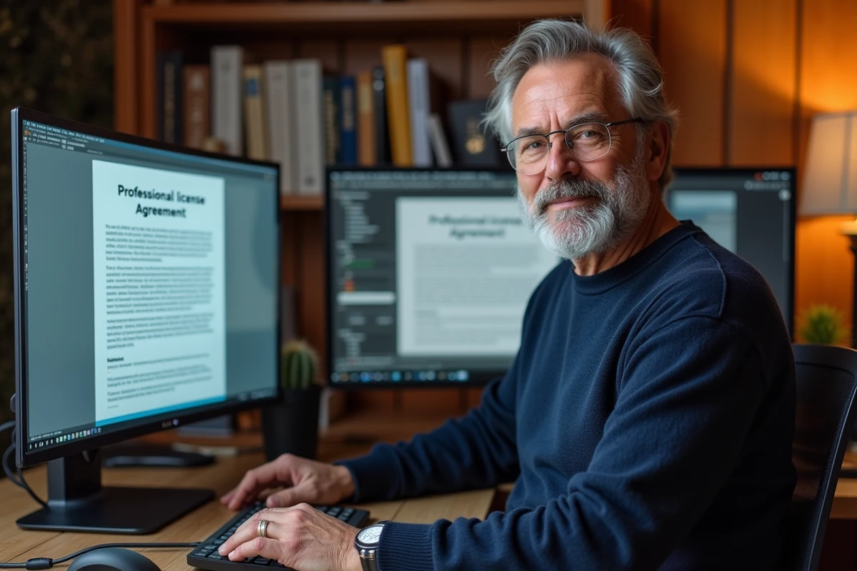 Designer senior lisant un contrat de licence typographique sur grand écran dans un bureau professionnel