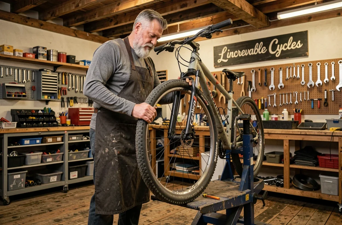 Mécanicien barbu de L'increvable Cycles remplaçant le pneu d'un VTT sur un stand de réparation